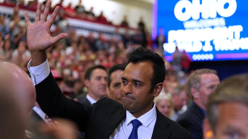 Republican gubernatorial candidate Vivek Ramaswamy arrives before President Donald Trump...