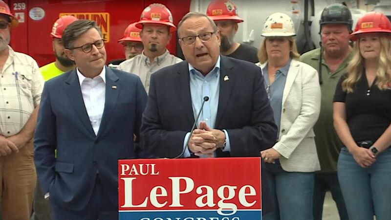 Speaker of the House Mike Johnson (R-LA) appeared with former Gov. Paul LePage at an event in...