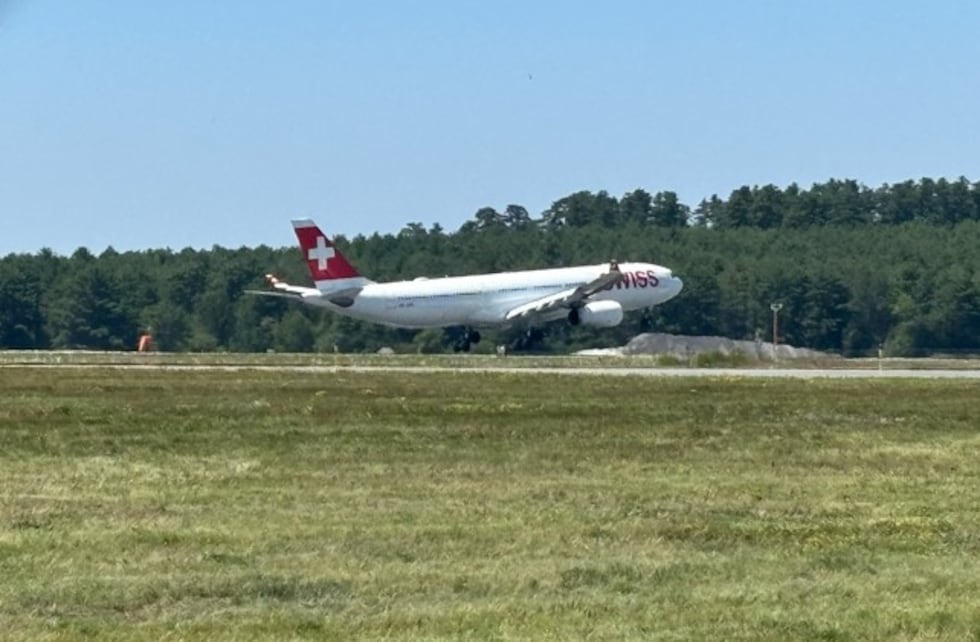 SWISS Air plane landing at the Bangor International Airport on 7/27/26.