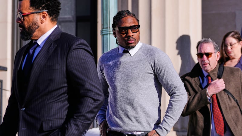 New England Patriots wide receiver Stefon Diggs leaves Norfolk County District Court after his...