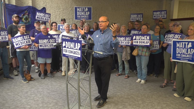Matt Dunlap, Democratic candidate for Maine CD 2, speaks to supporters at a press conference...
